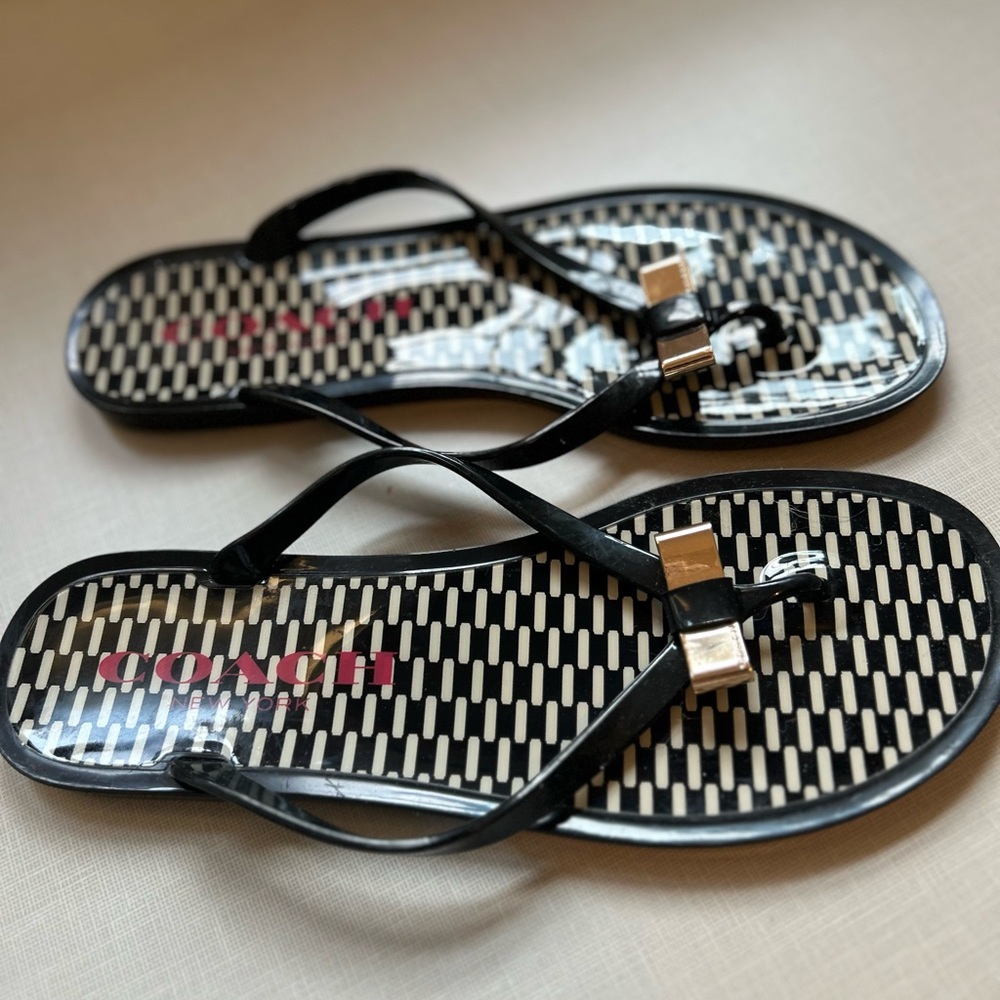 Coach Black Patent Jelly Thong Sandals with Gold Accent